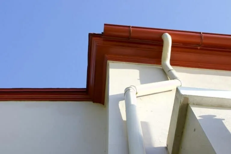 Close-up of roof gutter and fascia on a residential home in Stafford, Virginia.